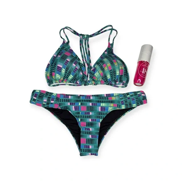 new OndadeMar Swimwear ☀︎︎Multi Strap Tri Top Bikini Set ☀︎︎ Green Print ☀︎︎ M L - Picture 2 of 14
